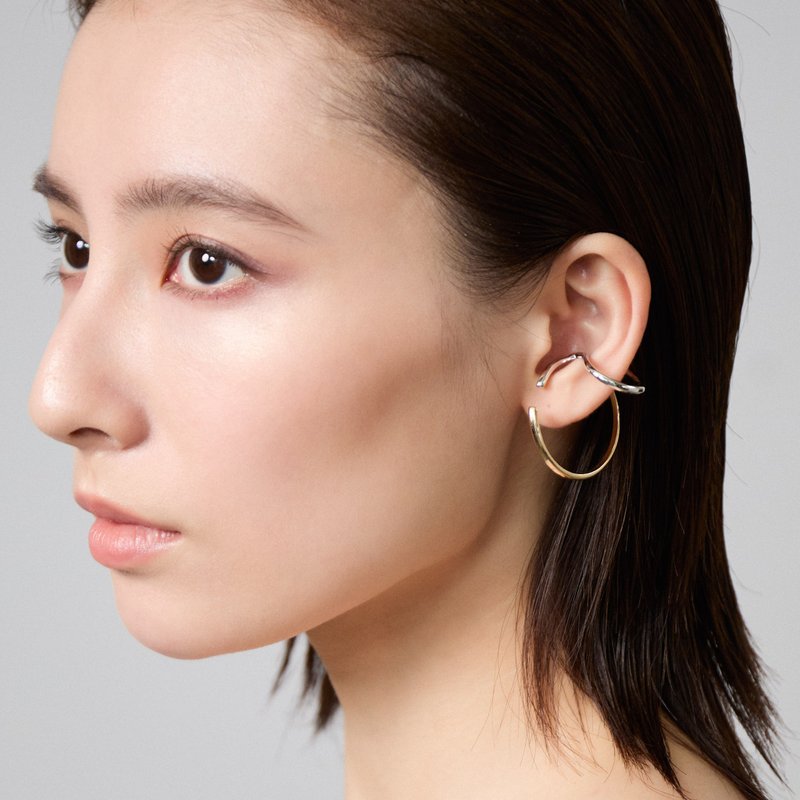 個性雙環雙色耳扣 925銀厚鍍18K金 Aprine Earcuff - 耳環/耳夾/耳骨夾 - 純銀 金色