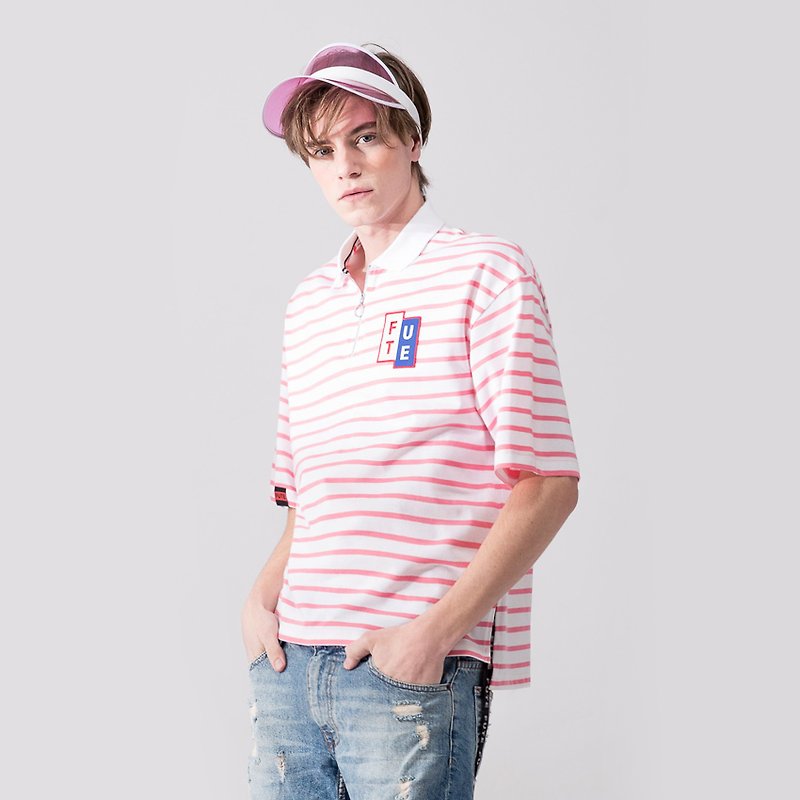 中性款 短版 寬鬆落肩 Polo shirt / 粉白條 - 男 T 恤 - 棉．麻 粉紅色