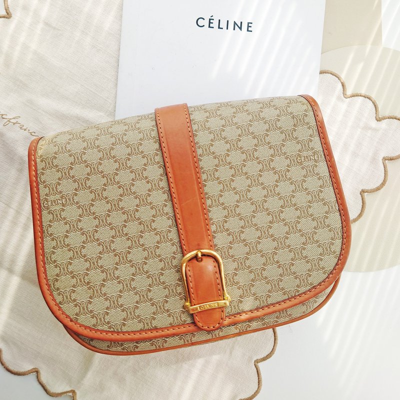 中古包 CELINE 米花凱旋門馬鞍包半月包單肩包斜背包斜揹包斜挎包 - 側背包/斜背包 - 防水材質 卡其色