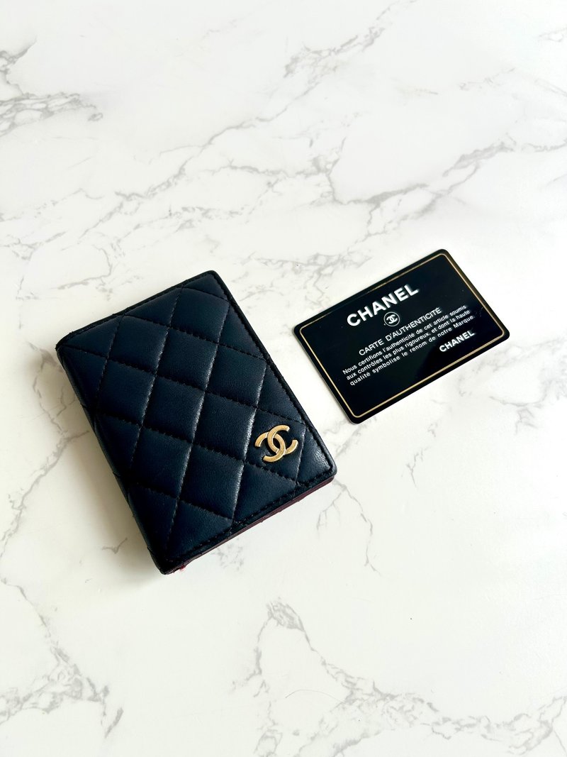 Rare Vintage Chanel Black Leather Wallet Card Holder Bifold Small Bag Antique - กระเป๋าสตางค์ - หนังแท้ สีดำ