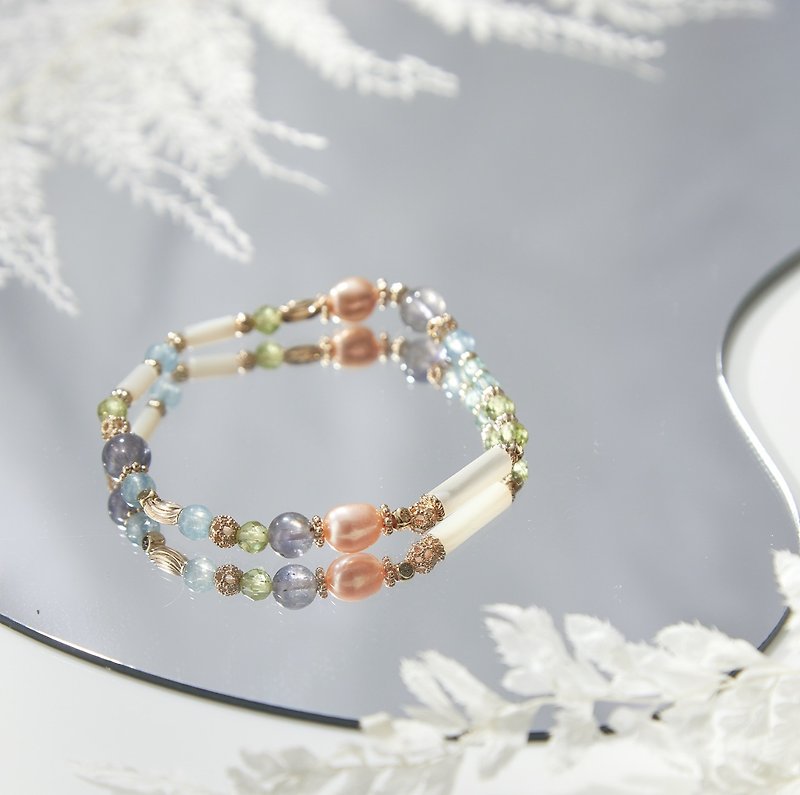 l les pâtissière l bluestone aquamarine Stone crystal bracelet custom-made - สร้อยข้อมือ - คริสตัล ขาว