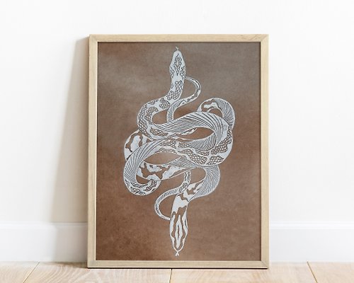 daashart Boho white antique snake art Original linocut print artwork Housewarming gift