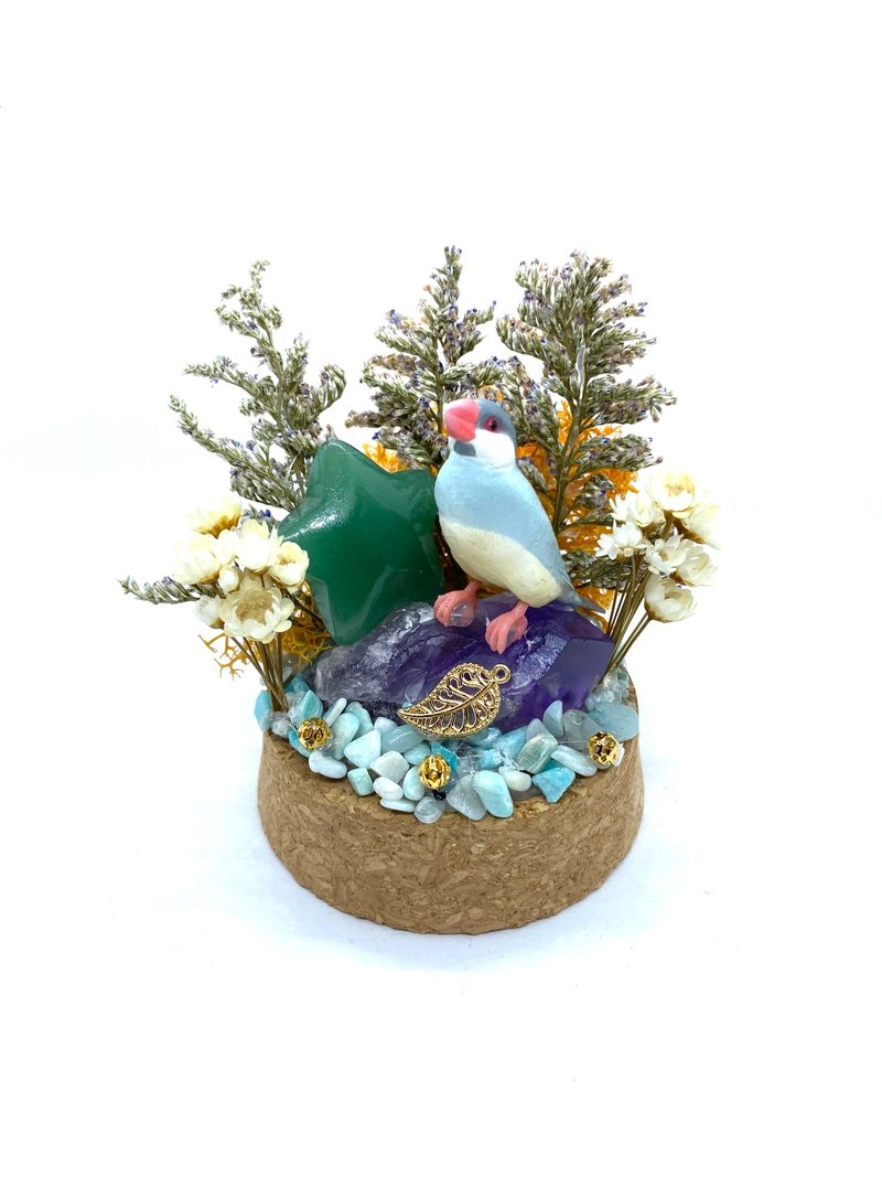 橘色花園-文鳥與綠東陵星星/紫水晶-手工玻璃罩公仔/水晶/乾燥花 - 擺飾/家飾品 - 水晶 