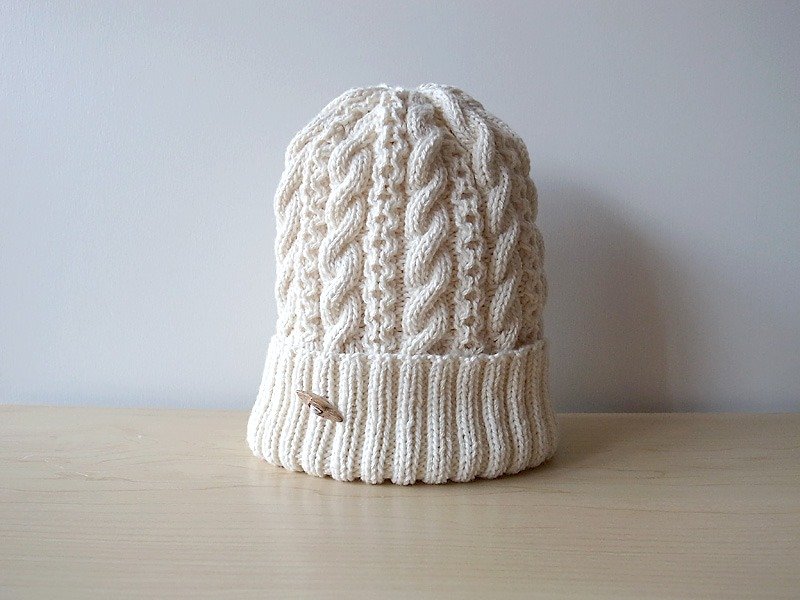 ミルクホワイトなコットンウールのニット帽 knitted hat - 帽子 - 棉．麻 白色