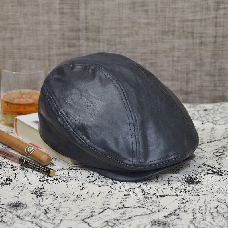 Hunting hat ultra light leather peaked cap leather hat gentleman with elder gift - หมวก - หนังแท้ สีดำ