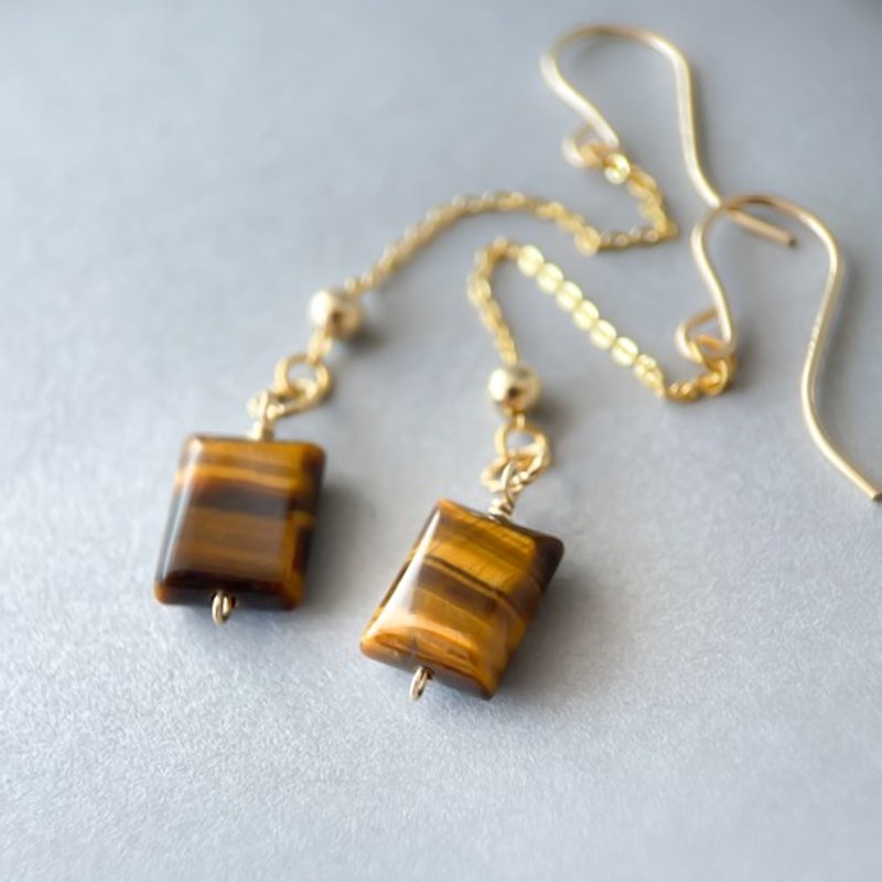 Tiger eye long earrings　14kgf Tiger's eye - ต่างหู - เครื่องประดับพลอย สีนำ้ตาล