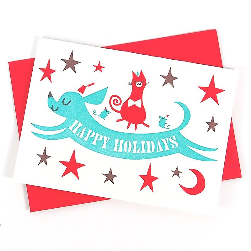 貓狗都狂歡的日子 耶誕卡片【Fugu凸版印刷卡片 聖誕節系列】 - 卡片/明信片 - 紙 多色