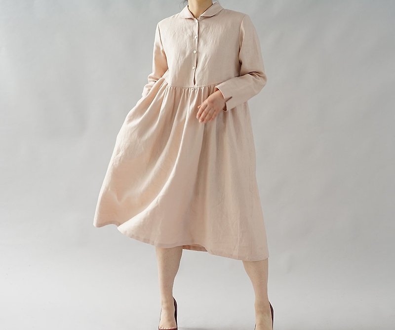 wafu  Linen dress / midi length / long sleeve / flare / pink a19-39 - One Piece Dresses - Cotton & Hemp Pink