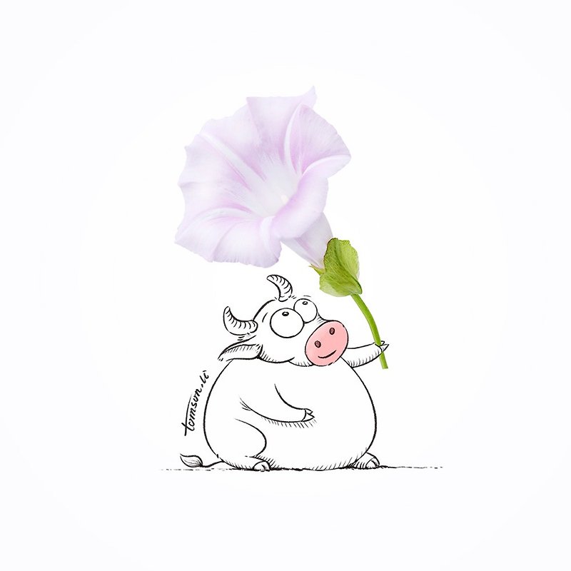 Morning flower | Original illustration of a cow holding a flower decorative painting cute and funny art micro-spray gift - โปสเตอร์ - ไม้ 
