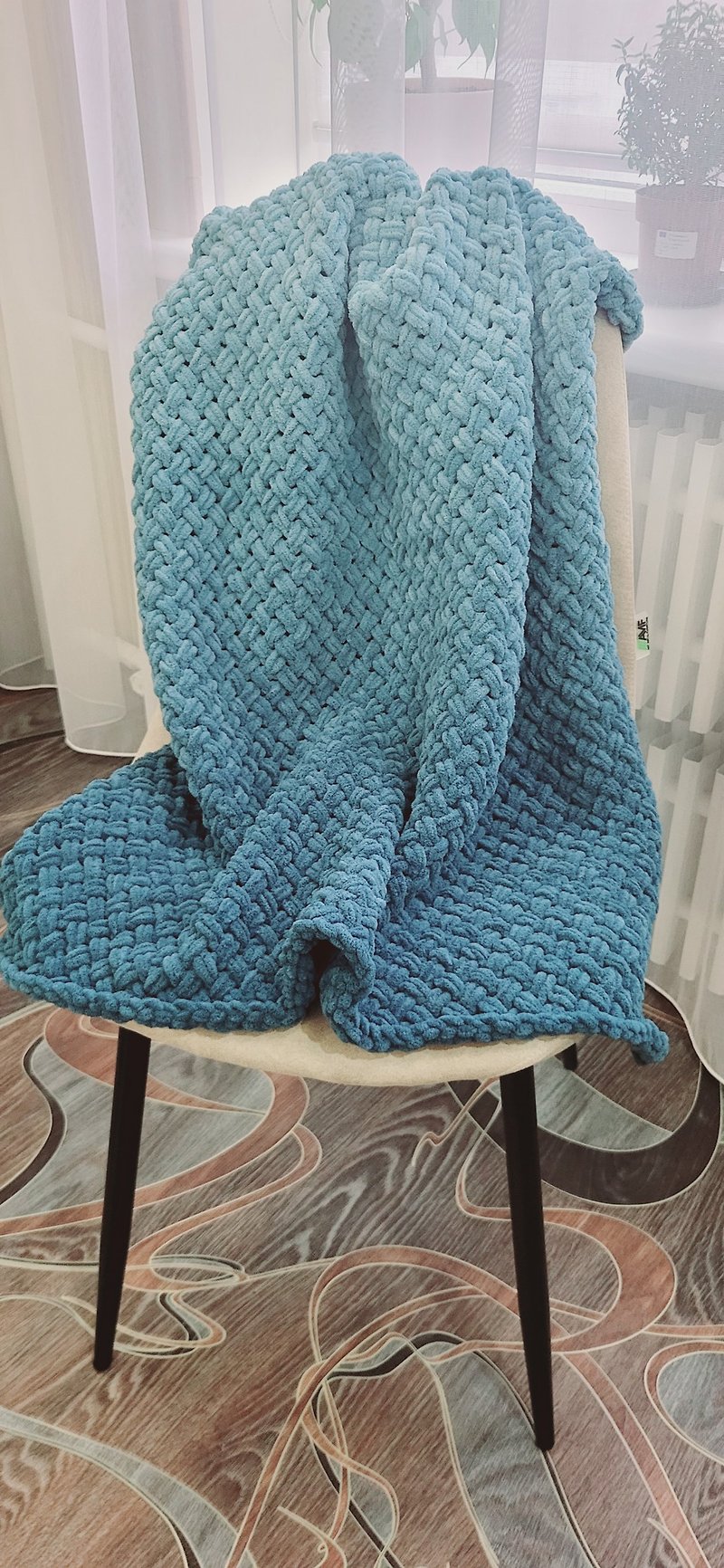knitted handmade blanket (plaid) ombre mint color, size 85x85 - Blankets & Throws - Polyester 