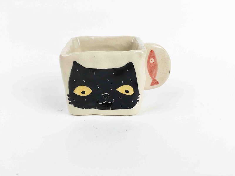 ニースリトルクレイ手の小さな正方形のカップ_小さな黒い猫の01132から03 - マグカップ - 陶器 ホワイト