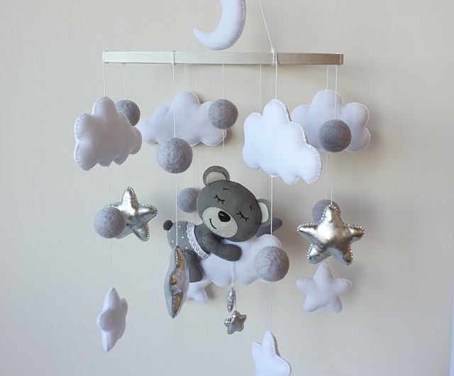 Bear baby mobile stars mobile monochrome nursery moon baby mobile