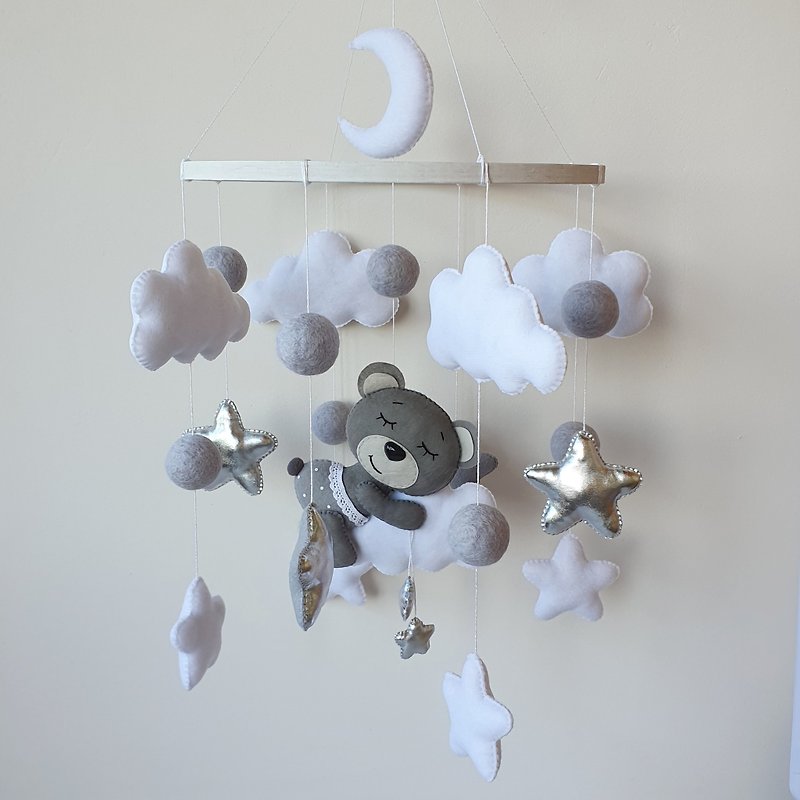 Bear baby mobile, stars mobile, monochrome nursery, moon baby mobile - Kids' Toys - Eco-Friendly Materials White