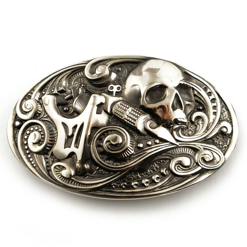 Tattoo machine german silver belt buckle, Tattooist nickel silver belt accessory - 皮帶/腰帶 - 其他材質 銀色