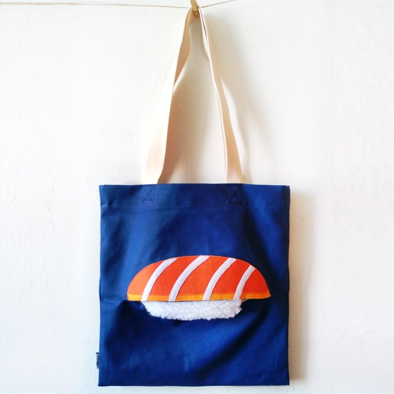 Salmon Sushi, Handmade Canvas Tote Bag - กระเป๋าถือ - ผ้าฝ้าย/ผ้าลินิน สีน้ำเงิน