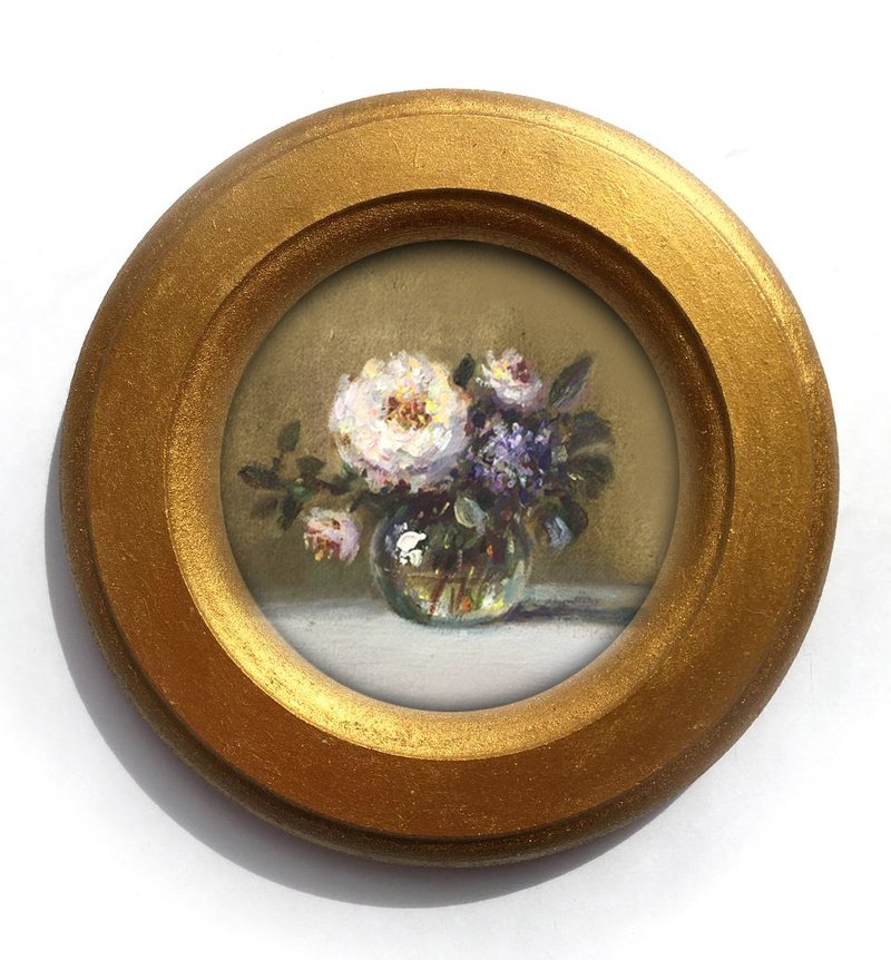 Framed Flower Painting antique style Academia Art Small Circular Original round - Wall Décor - Other Materials Blue