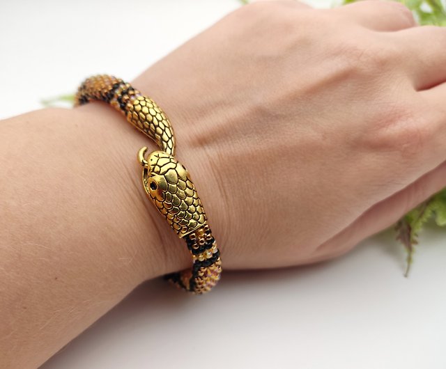Beaded Snake Bracelet for Women, Ouroboros, Brown Snake Bracelet, Bead Crochet Bracelet 6.5 | IrisBeadsArt