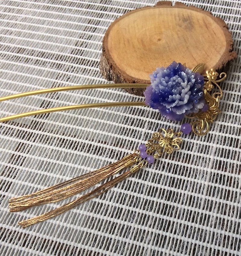 Meow ~ hand made resin peony hairpin (purple) - Hair Accessories - Other Materials Purple