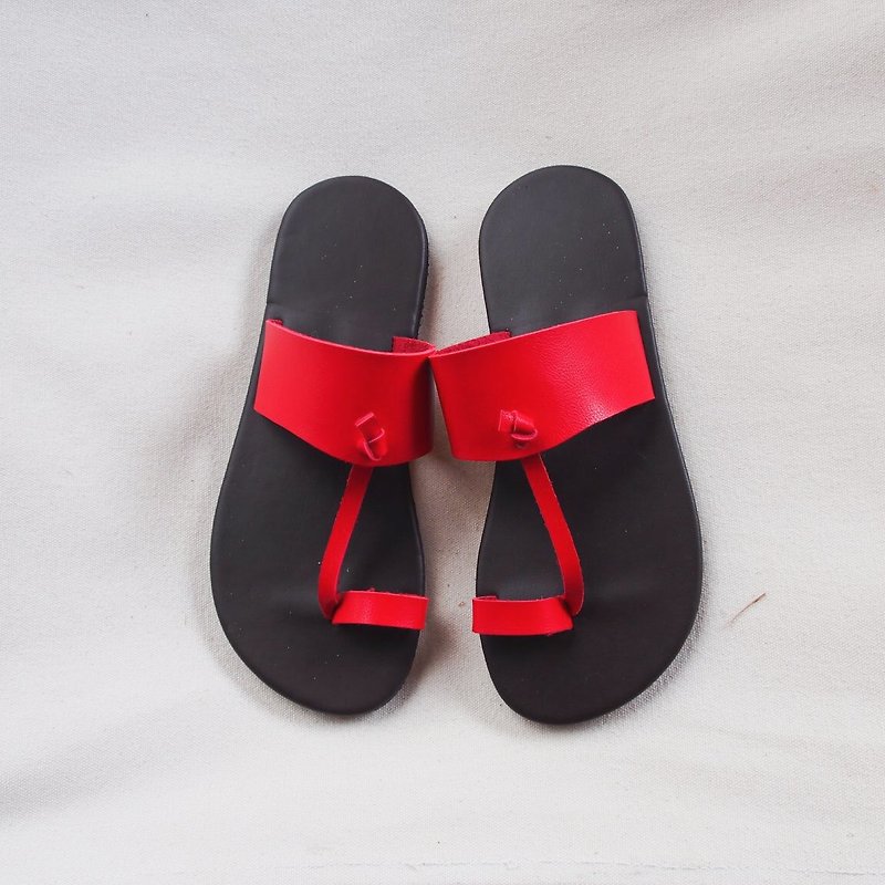 รองเท้าแตะสวมสีแดง รองเท้าหนังสีแดง รองเท้ามินิมอล Red Slip On Sandal - รองเท้าหนังผู้หญิง - หนังเทียม สีแดง