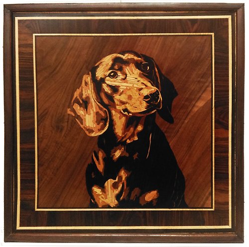Woodins Dachshund Dog wood mosaic portrait eco gift inlay framed panel ready to hang