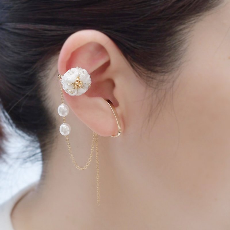 2way Small flower ear cuffs / White - Earrings & Clip-ons - Other Materials White