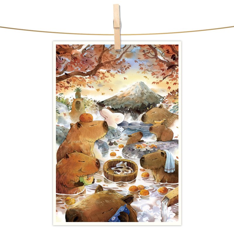 afu水彩插畫明信片 - 水豚泡湯日 - 卡片/明信片 - 紙 橘色