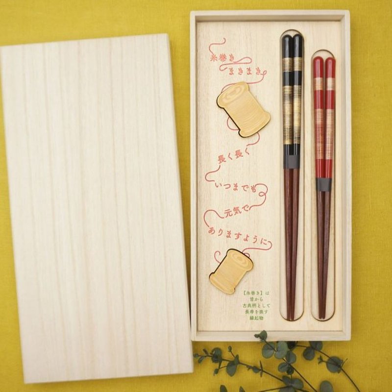 Hyosaemon chopsticks/chopstick rest long life praying thread wrapped couple set A gift that includes 2 pairs of chopsticks and 2 chopstick rests set in a paulownia wood box. - ตะเกียบ - ไม้ 