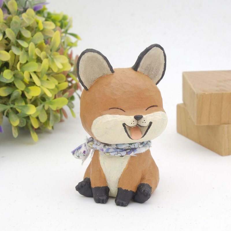 I want to be a room wood carving animal _ sitting posture small fox (wood carving craft) - Stuffed Dolls & Figurines - Wood Orange