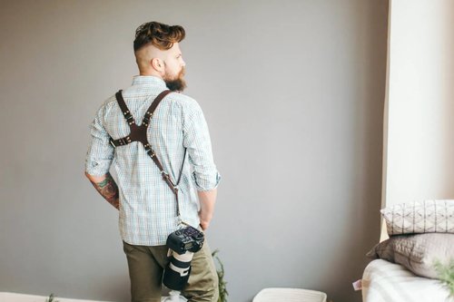 mokvok Dual Camera Harness with stainless steel carbines, Dual Camera Strap, Leather Ca