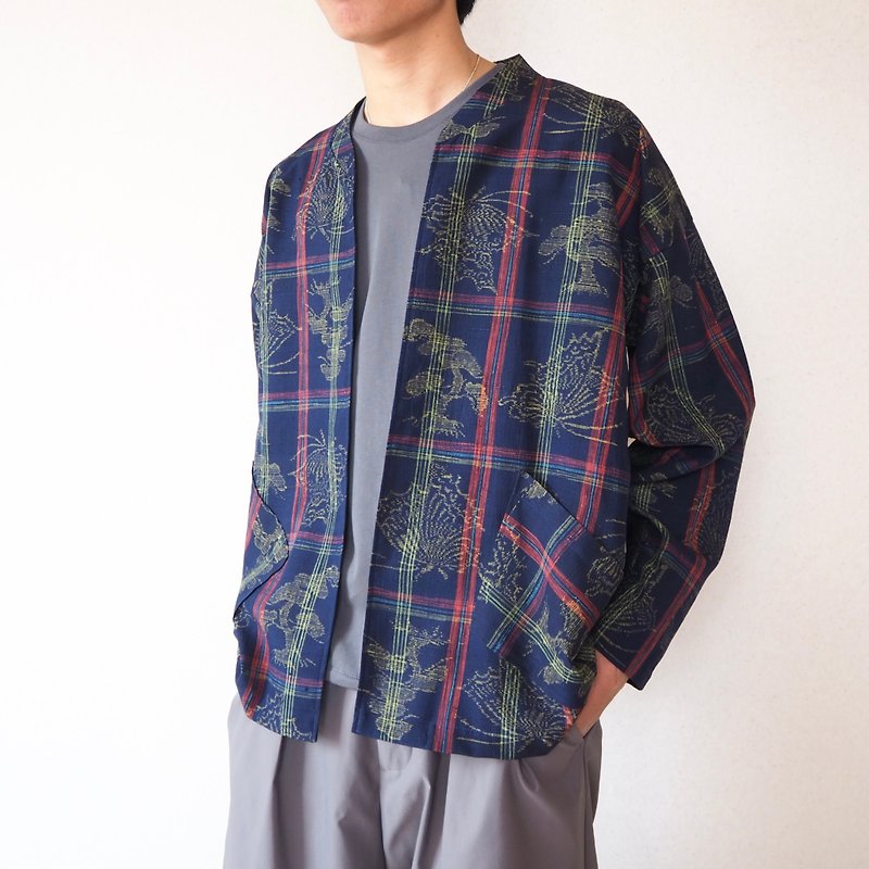 【日本製】ผู้ชายแจ็กเก็ตกิโมโนแขนยาว exrtra ลายสก็อต เสื้อผ้าอัพไซเคิล ของขวัญ - เสื้อโค้ทผู้ชาย - ผ้าไหม สีน้ำเงิน