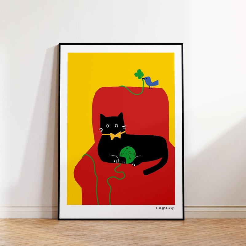 Art print/ Black CAT / Illustration poster A3 A2 - โปสเตอร์ - กระดาษ สีแดง