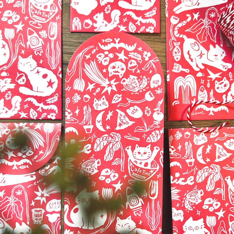 貓咪塗鴉風 雙色紅包袋 | 婚宴 | 過年 | 插畫 | 6入組 - 紅包袋/春聯 - 紙 紅色