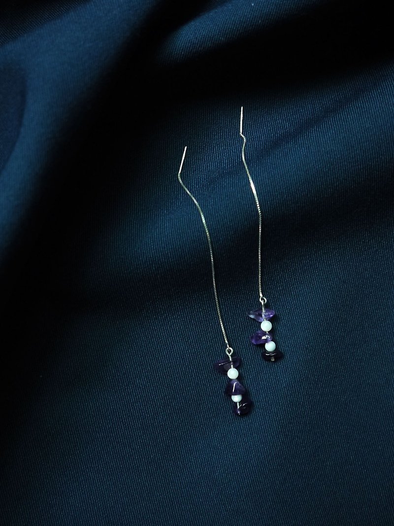 Strings - Amethyst & Shell Beads - 925 Sterling Silver Earrings - ต่างหู - โลหะ สีเงิน