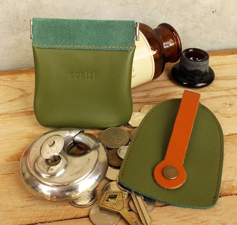 Set of Coin Purse/Pouch/Bag & Key Case/Key Holder - Olive Green + Tan Strap (Genuine Cow Leather) - Keychains - Genuine Leather 