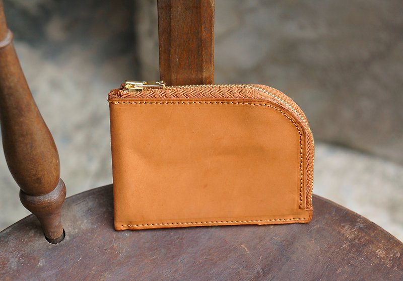 L型拉鍊零錢包 zip wallet 頂級牛皮 簡約 可客製化刻字 - 銀包 - 真皮 橘色