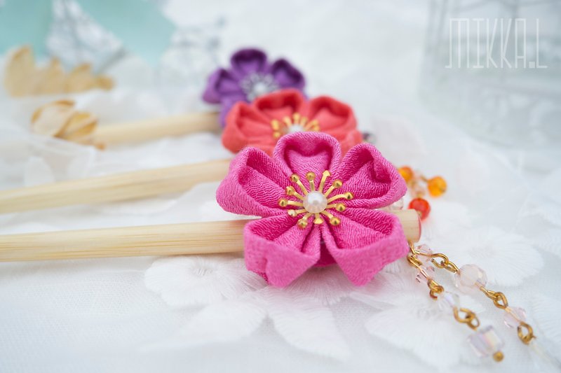 Limited gift item-つまみ crafting cherry blossom bamboo chopsticks hairpin crystal pendant in stock - เครื่องประดับผม - ไม้ไผ่ สึชมพู