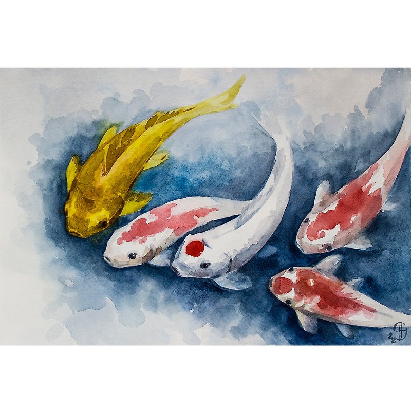Koi Painting Fish Original Art Feng Shui Original Watercolor Hand-Painted - โปสเตอร์ - กระดาษ สีน้ำเงิน