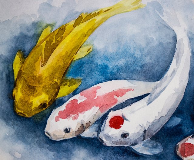 鯉の絵魚のオリジナルアート風水オリジナルの水彩画手描き - ショップ 