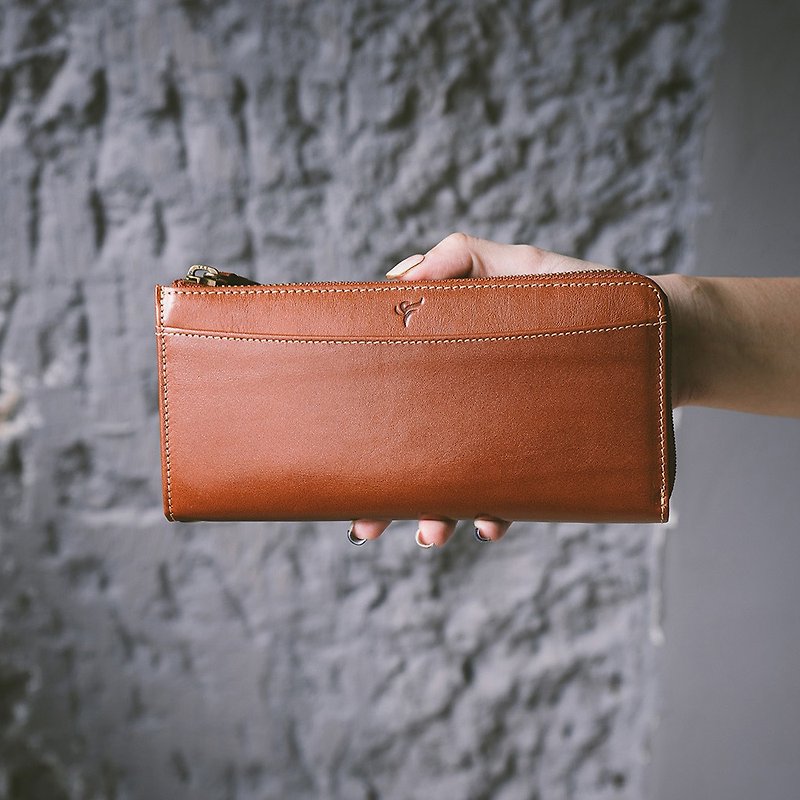 [Valentine's Day Gift Box] Leather Zipper Pocket Clip X65039 Brown - Wallets - Genuine Leather Orange