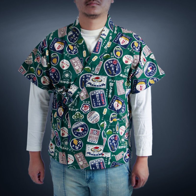 日式綁帶外套-日風復古廣告(綠) - 男夾克/外套 - 棉．麻 綠色