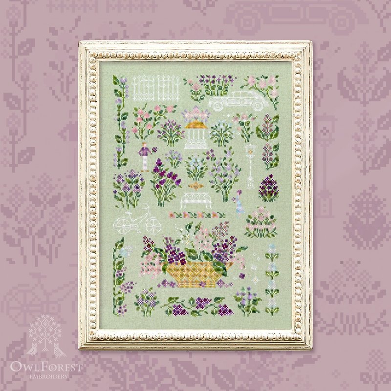 Lilac Garden Rendezvous cross stitch kit embroidery by Owlforest - Knitting, Embroidery, Felted Wool & Sewing - Thread 