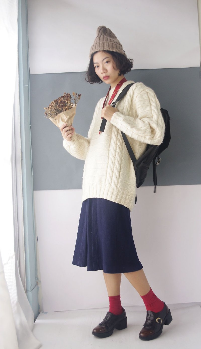 4.5studio-日本古著-沉穩深藍虛線裝飾毛料中長裙 - 裙子/長裙 - 羊毛 藍色