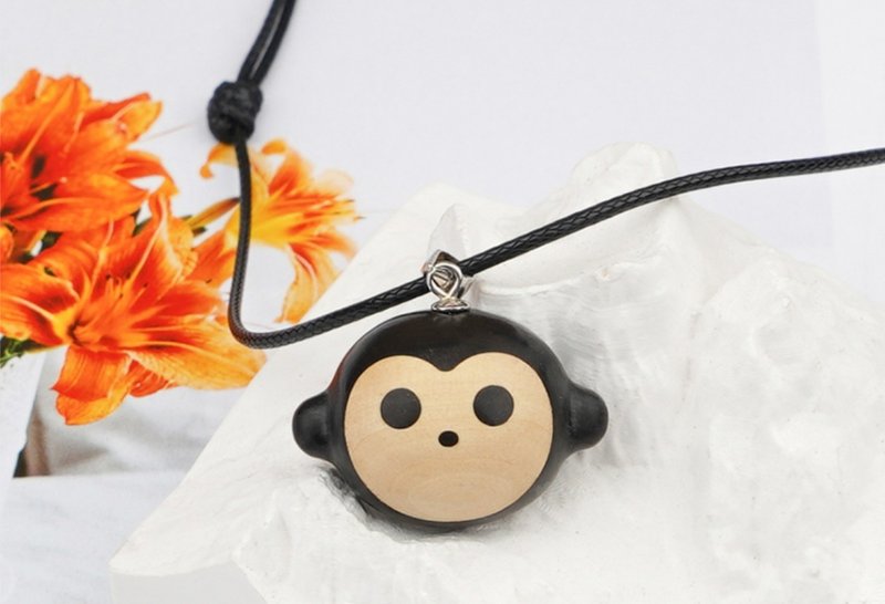 Simple handmade sandalwood zodiac animal monkey pendant clavicle necklace - Necklaces - Wood Multicolor