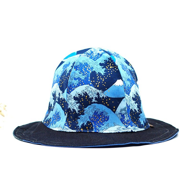 Calf Calf Village Village original double-sided small volcanic cap men and women hand-bend large brim hat Ukiyo-e of Mount Fuji} {wave of sapphire [H-198] - หมวก - ผ้าฝ้าย/ผ้าลินิน สีน้ำเงิน