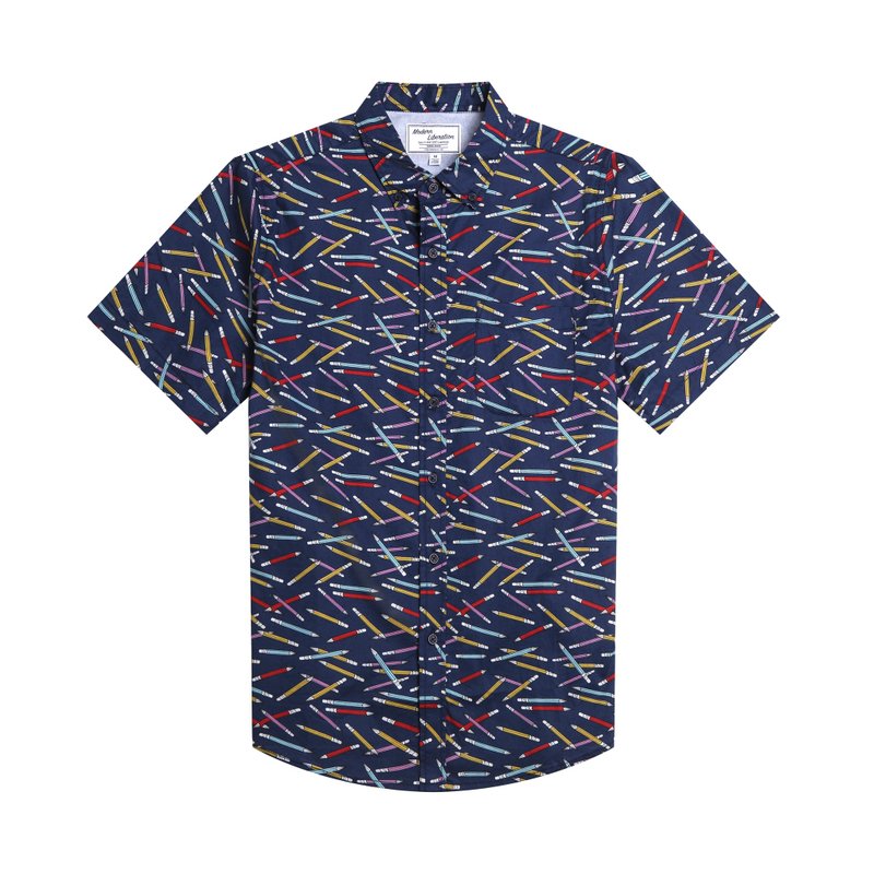 Pencil Print Shirt 鉛筆印花襯衫 - 深藍色 - 男襯衫/休閒襯衫 - 棉．麻 藍色