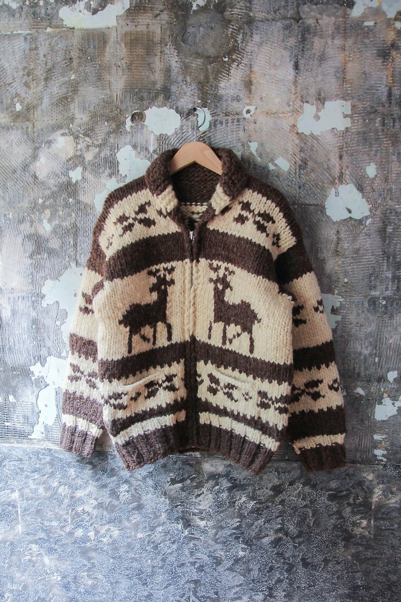 裊裊百貨公司-Vintage 翻領鹿圖案設計加拿大考津毛衣外套 復古著 - 外套/大衣 - 羊毛 