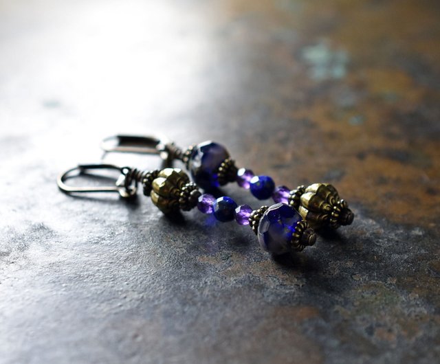 Czech Vintage Beads and Amethyst, Lapis, Temari Brass Ansymmetry