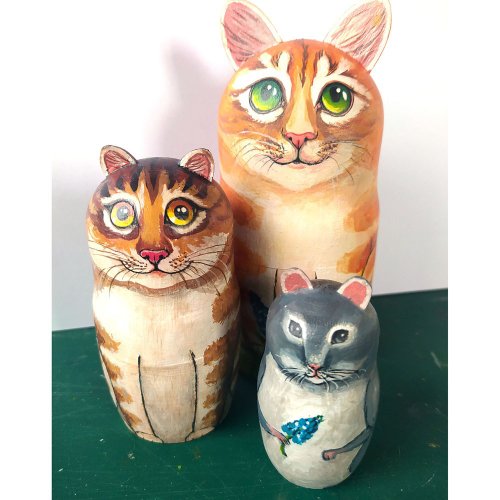 Matryoshka Cat Set of 3 pieces Wooden Doll Cat and Mouse Tree