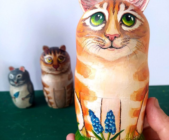 Matryoshka Cat Set of 3 pieces Wooden Doll Cat and Mouse Tree