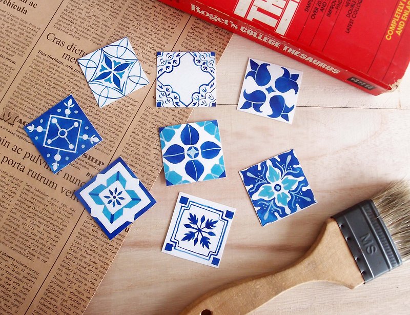Blue and white tile sticker - สติกเกอร์ - กระดาษ หลากหลายสี